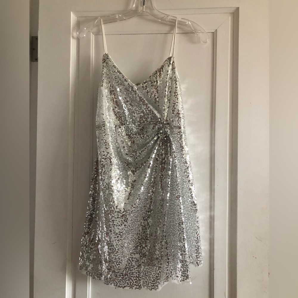 Area Stars Silver Sequin Draped A Line Dress in Small